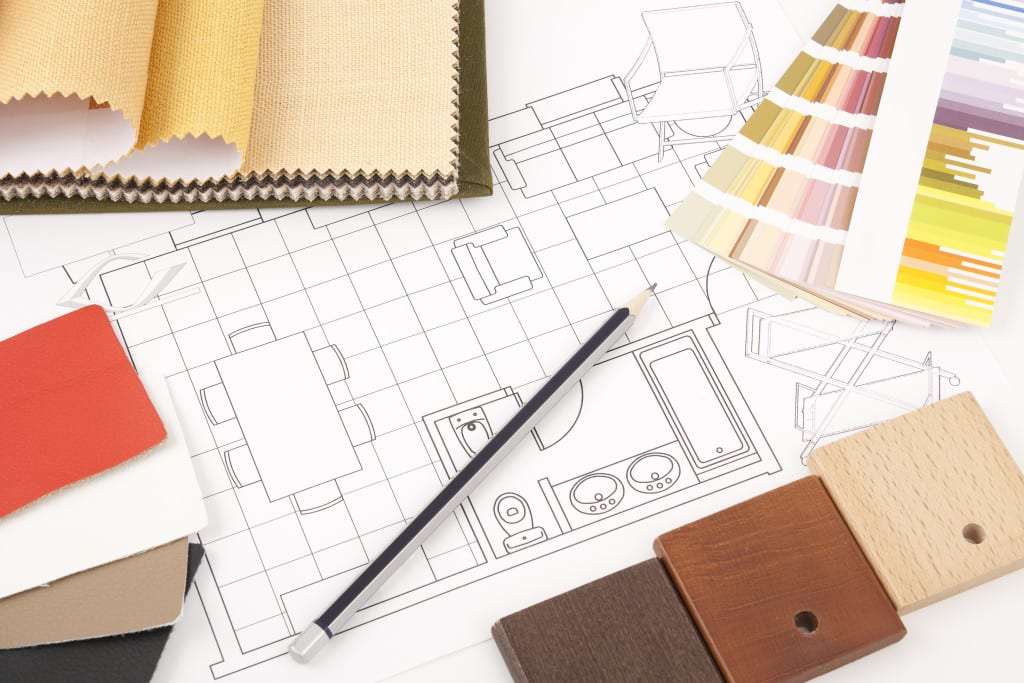 Worktable interior design with drawing and decoration materials